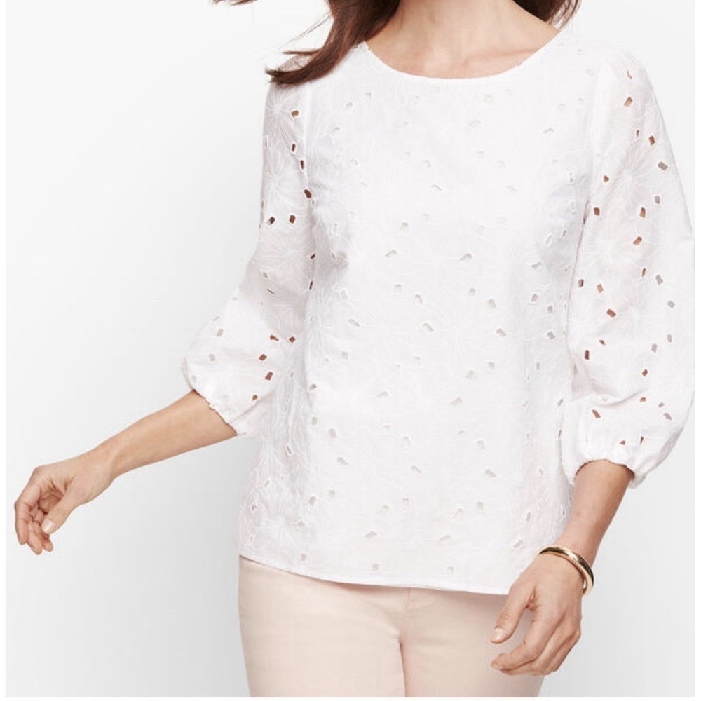 Talbots‎ Top White Blouse Eyelite Lace Puffy 3/4 Sleeve Cotton Side Zip Sz-16